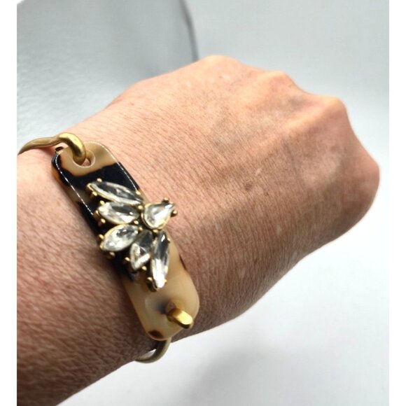 J.Crew Tortoise Shell Acrylic Bracelet Rhinestone Cluster Gold Tone Modern - Picture 5 of 5